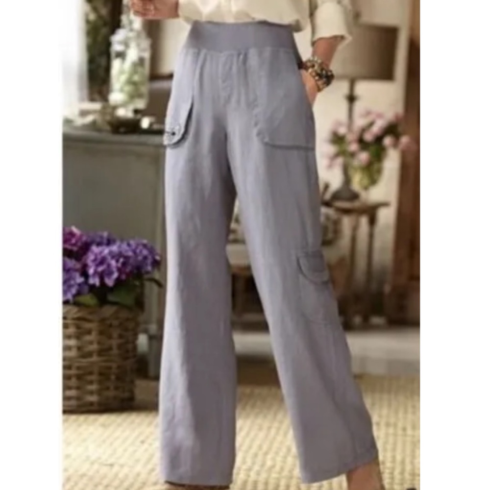 Soft Surroundings Palmilla Cargo Pants Gray Pull On Wide Leg Size M